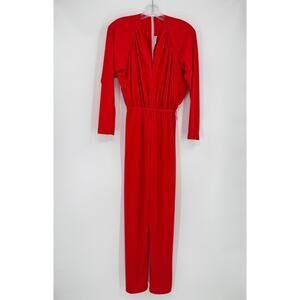 Halston IV Dorian Vintage 70s Womens Red V Neck Long Sleeve Jumpsuit Union Made